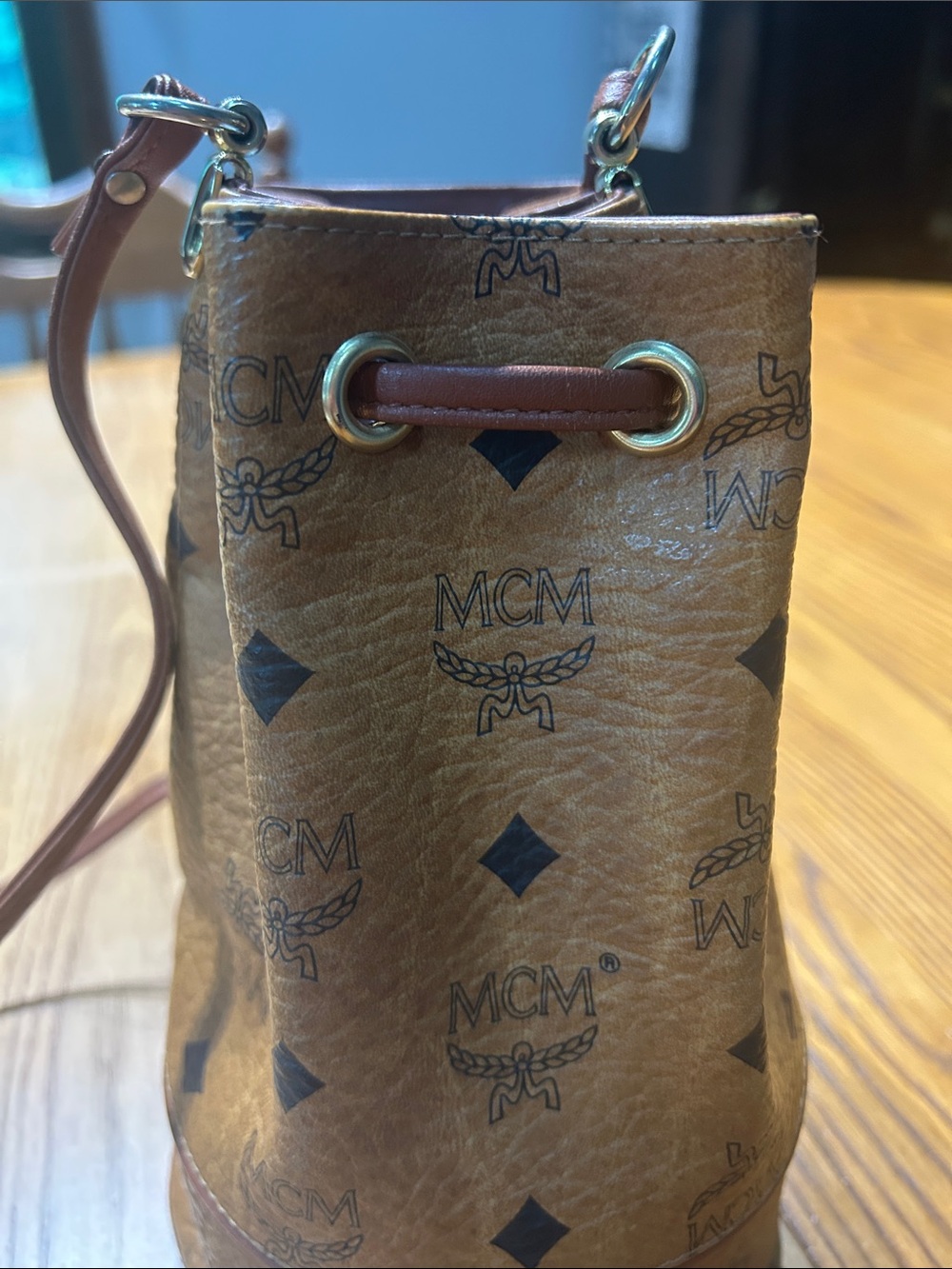 MCM Cognac Brown Monogram Leather Drawstring Mini Bucket Bag - Picture 8 of 11